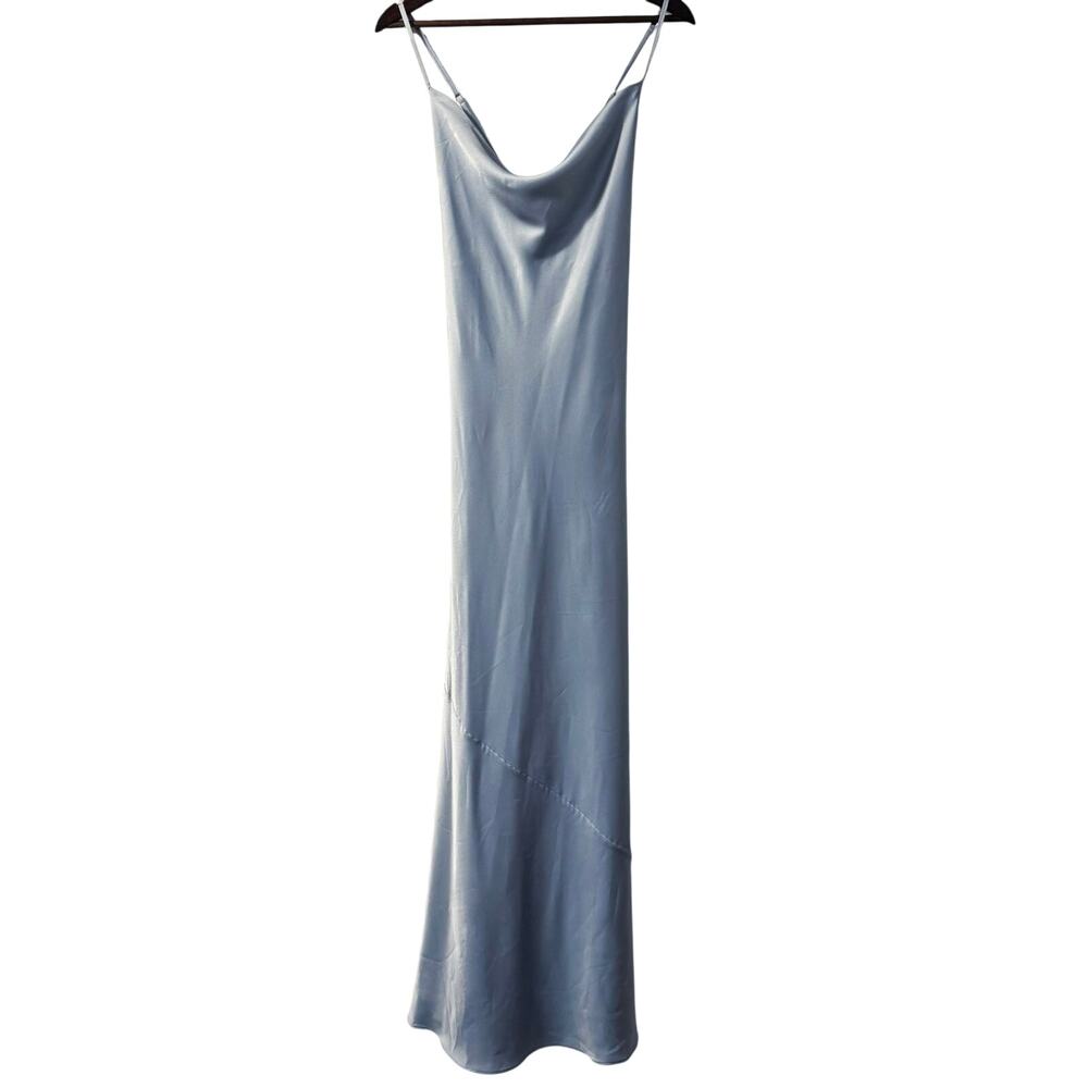 Show Me Your Mumu Steel Blue Satin Hoco Maxi Dress Fairy Sleeveless Homecoming